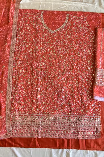 Orange bandhani printed heavy emrboidery worked sharara suit ethnic wear
