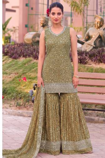 Mustard bandhani printed heavy emrboidery worked sharara suit ethnic wear