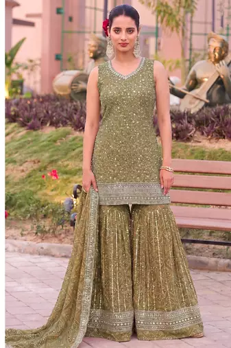 Mustard bandhani printed heavy emrboidery worked sharara suit ethnic wear