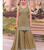 Mustard bandhani printed heavy emrboidery worked sharara suit ethnic wear