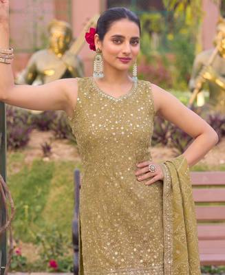Mustard bandhani printed heavy emrboidery worked sharara suit ethnic wear 2