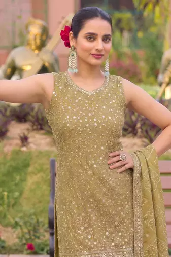 Mustard bandhani printed heavy emrboidery worked sharara suit ethnic wear