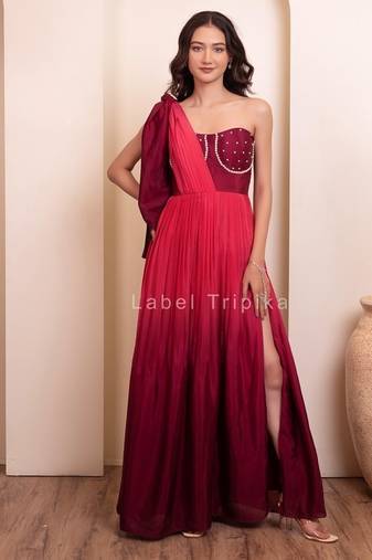 Pink pearl embellished one-shoulder draped gown for women