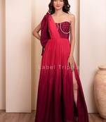 Pink pearl embellished one-shoulder draped gown for women