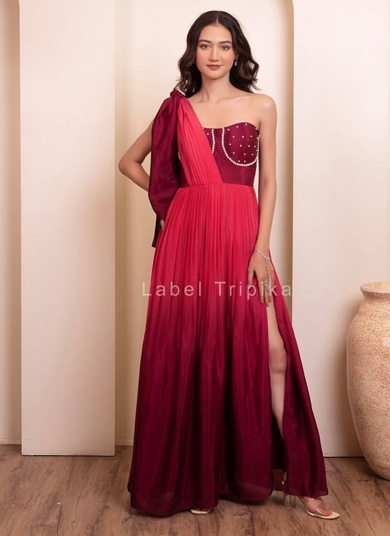 Pink pearl embellished one-shoulder draped gown for women