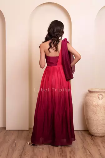 Pink pearl embellished one-shoulder draped gown for women
