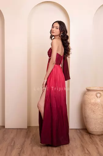 Pink pearl embellished one-shoulder draped gown for women