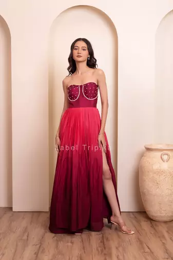 Pink pearl embellished one-shoulder draped gown for women