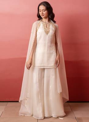 White zari & cut dana handwork georgette kurta palazzo set with dupatta for women 1