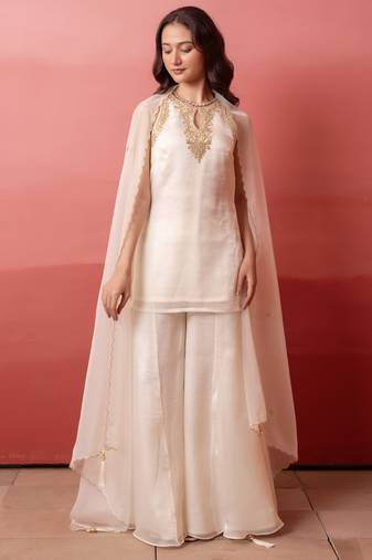 White zari & cut dana handwork georgette kurta palazzo set with dupatta for women