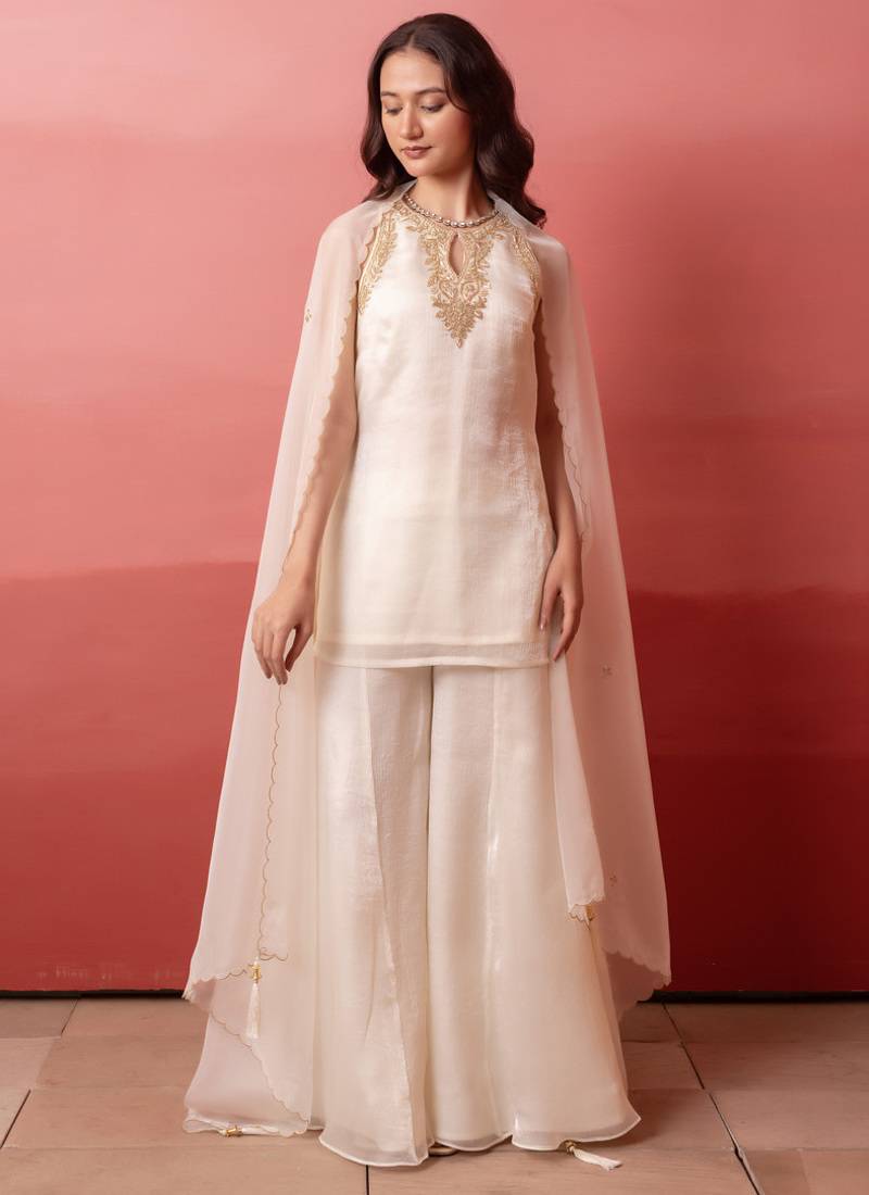 White zari & cut dana handwork georgette kurta palazzo set with dupatta for women