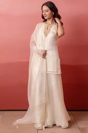 White zari & cut dana handwork georgette kurta palazzo set with dupatta for women