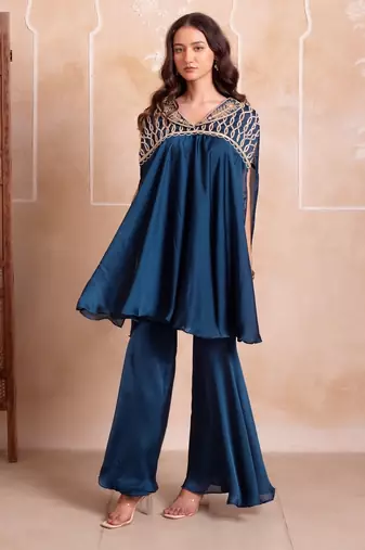 Blue zardozi embroidered kaftan co-ord set for women