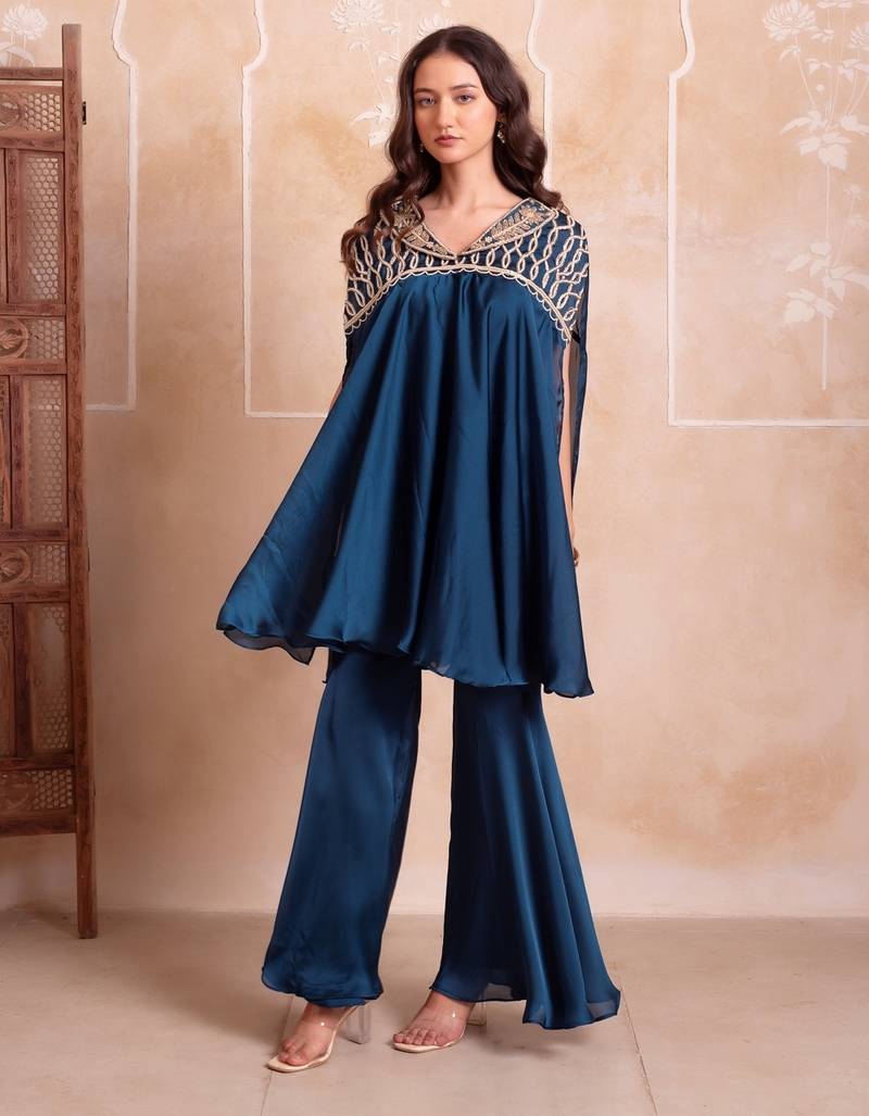 Blue zardozi embroidered kaftan co-ord set for women