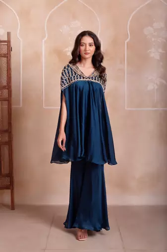 Blue zardozi embroidered kaftan co-ord set for women