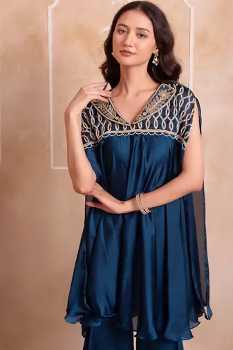 Blue zardozi embroidered kaftan co-ord set for women