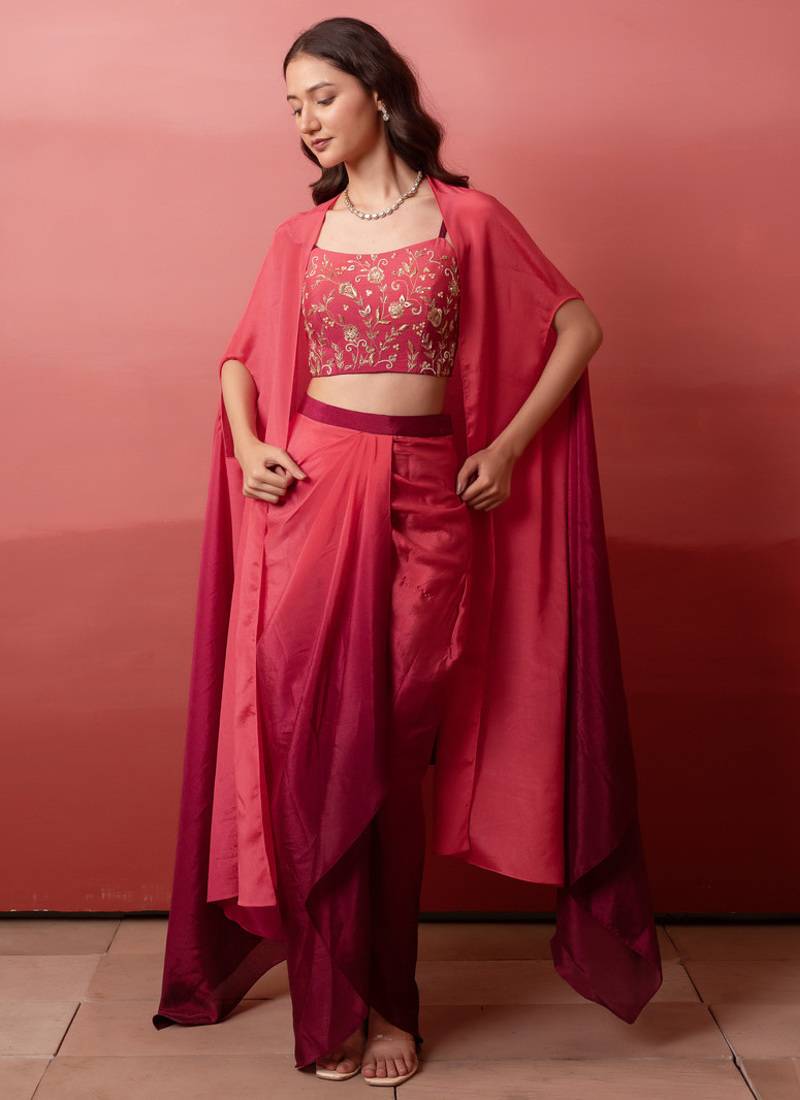 Pink embroidered crepe cape draped skirt set for women