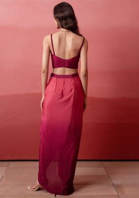 Pink embroidered crepe cape draped skirt set for women 2