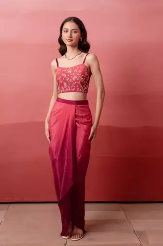 Pink embroidered crepe cape draped skirt set for women