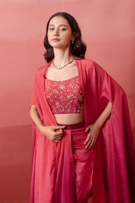 Pink embroidered crepe cape draped skirt set for women 4
