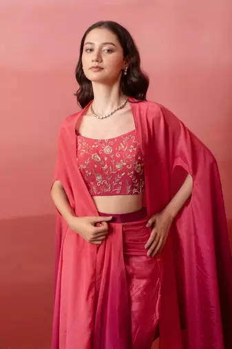 Pink embroidered crepe cape draped skirt set for women