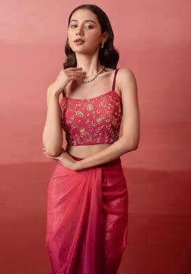 Pink embroidered crepe cape draped skirt set for women 5