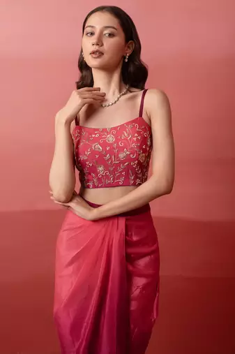 Pink embroidered crepe cape draped skirt set for women