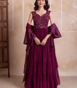 Purple floral embroidered sequin work georgette tiered gown for women