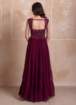 Purple floral embroidered sequin work georgette tiered gown for women 2