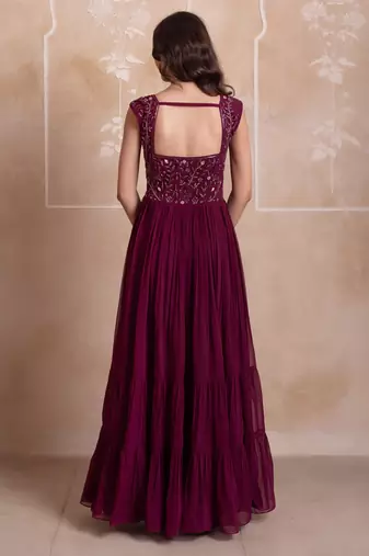 Purple floral embroidered sequin work georgette tiered gown for women