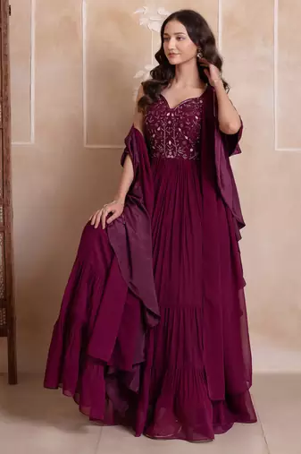 Purple floral embroidered sequin work georgette tiered gown for women