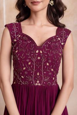 Purple floral embroidered sequin work georgette tiered gown for women 4