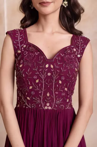 Purple floral embroidered sequin work georgette tiered gown for women