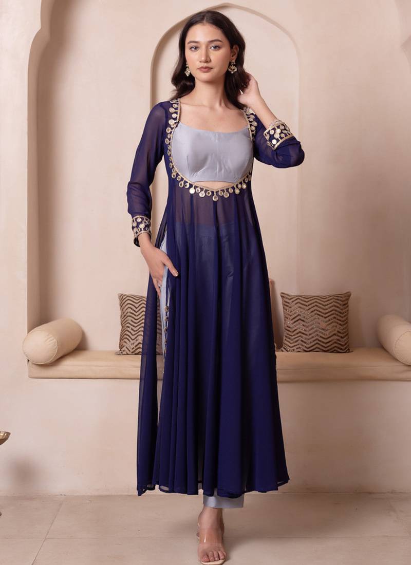 Blue mirror work georgette anarkali suit set for women