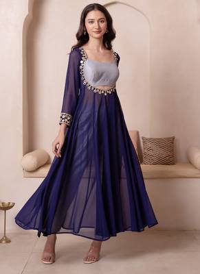 Blue mirror work georgette anarkali suit set for women 4