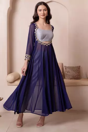 Blue mirror work georgette anarkali suit set for women