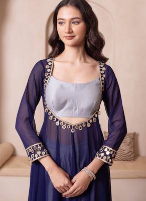 Blue mirror work georgette anarkali suit set for women 5
