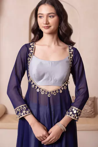 Blue mirror work georgette anarkali suit set for women