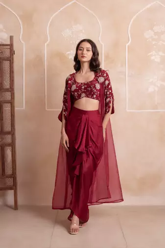 Maroon floral embroidered satin cape dhoti skirt set for women