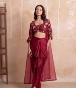 Maroon floral embroidered satin cape dhoti skirt set for women