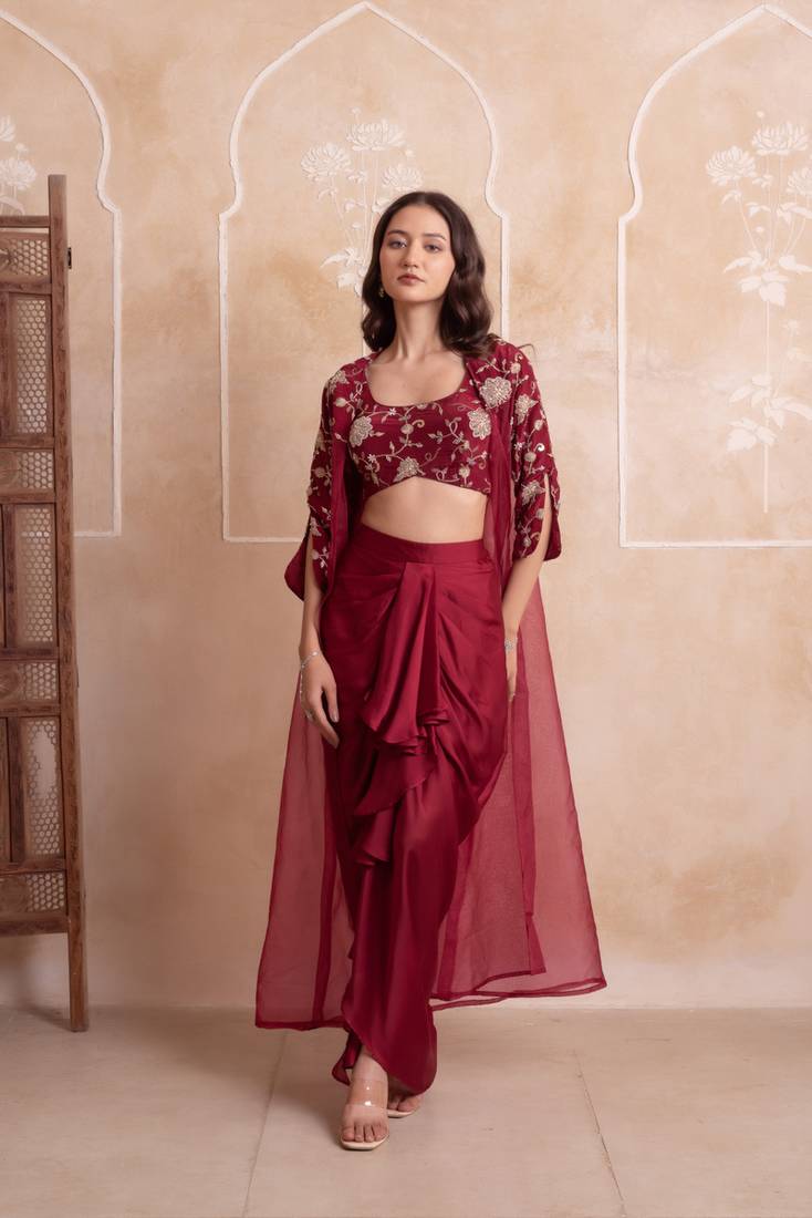 Maroon floral embroidered satin cape dhoti skirt set for women
