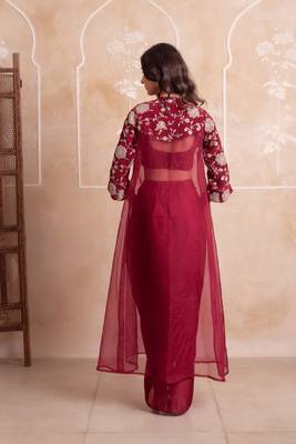 Maroon floral embroidered satin cape dhoti skirt set for women 2