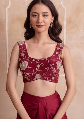 Maroon floral embroidered satin cape dhoti skirt set for women 4