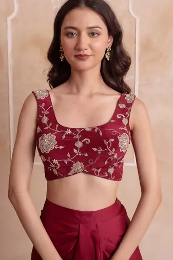 Maroon floral embroidered satin cape dhoti skirt set for women