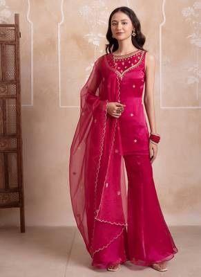 Magenta handwork georgette sharara kurta set with dupatta for women 1