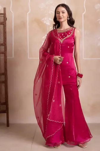 Magenta handwork georgette sharara kurta set with dupatta for women