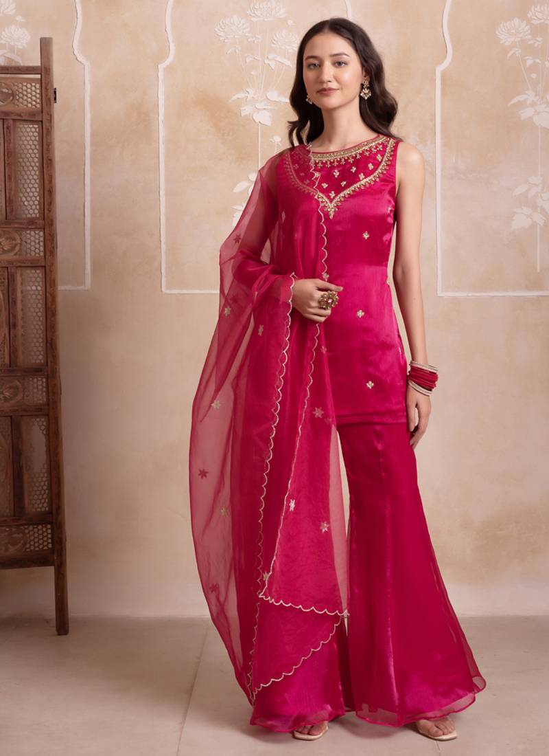 Magenta handwork georgette sharara kurta set with dupatta for women