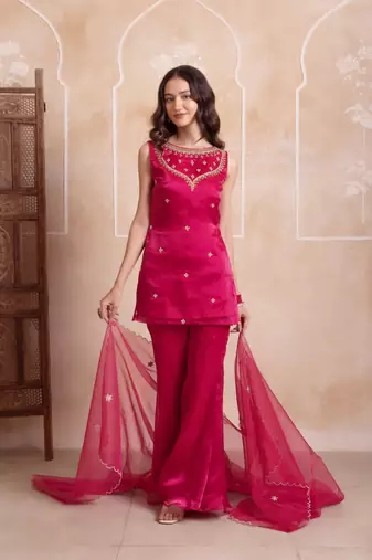 Magenta handwork georgette sharara kurta set with dupatta for women