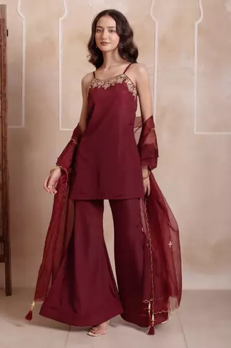Maroon embellished crepe tunic palazzo set with organza dupatta for women