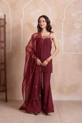Maroon embellished crepe tunic palazzo set with organza dupatta for women 4